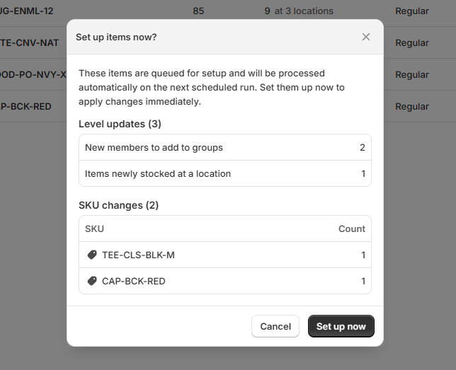 Manual sync dialog with the setup-only option selected