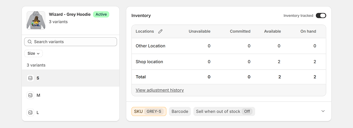 Variant with SKU GREY-S showing separate stock levels by Shopify location