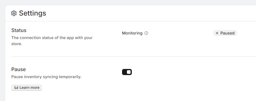 Settings page showing inventory syncing paused