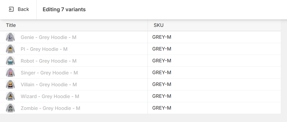 Shopify bulk editor showing multiple variants that share the same SKU