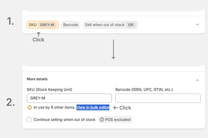 Shopify variant page showing the SKU field, the 'In use by other items' message, and the View in bulk editor link