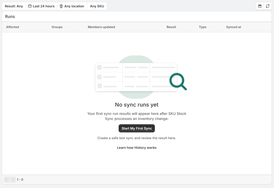 Show the History empty state with the “Start My First Sync” button.