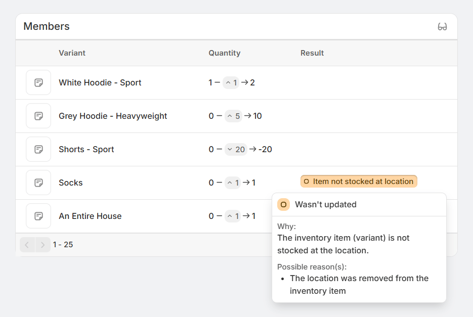 Member history table with an issue label opened to show a popup explaining why the member was not updated