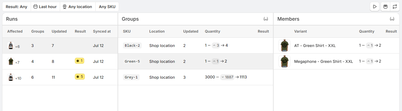 Sync history page showing sync runs on the left, groups in the middle, and members on the right
